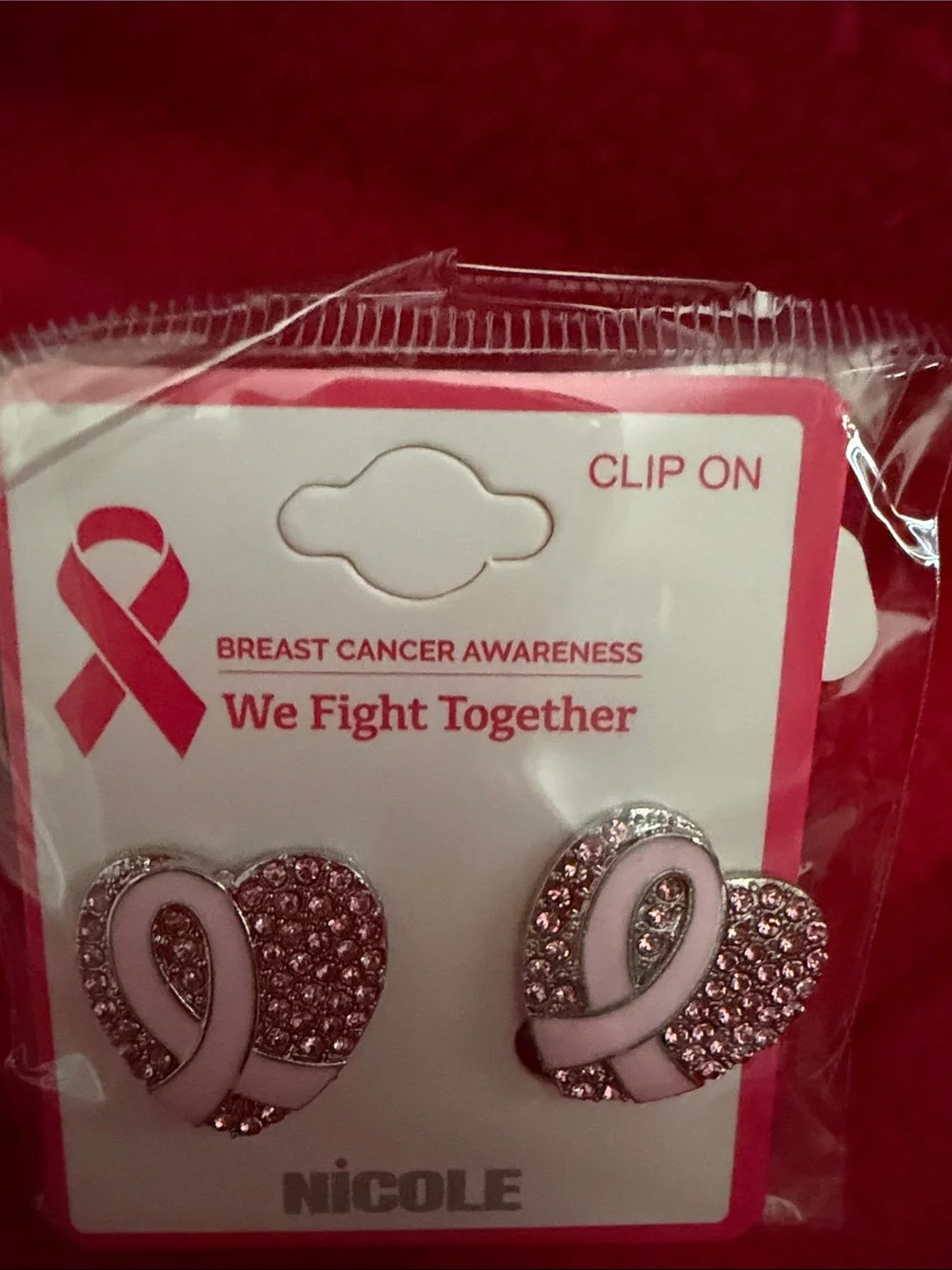 Breast, cancer awareness - Nicole Pink Ribbon Heart Clip-On Earrings